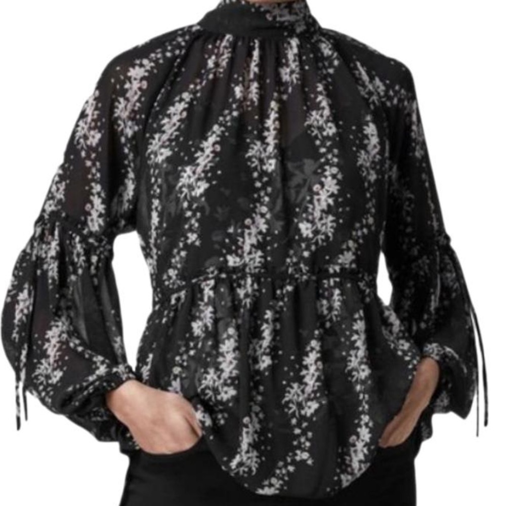 All Saints Black Floral Print Peasant Blouse